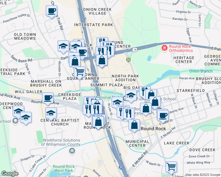map of restaurants, bars, coffee shops, grocery stores, and more near 309 Vista Avenue in Round Rock