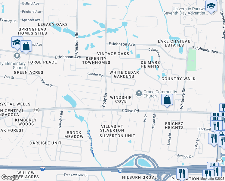 map of restaurants, bars, coffee shops, grocery stores, and more near 8181 Stonebrook Drive in Pensacola