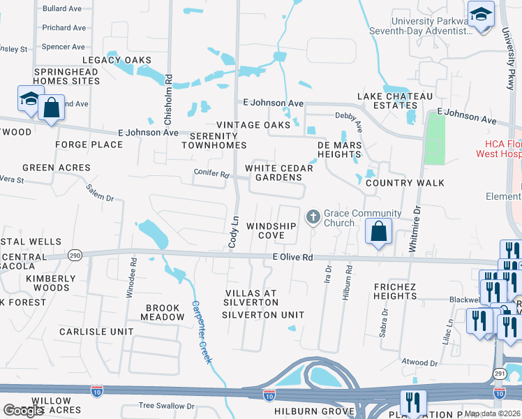 map of restaurants, bars, coffee shops, grocery stores, and more near 8154 Heirloom Drive in Pensacola