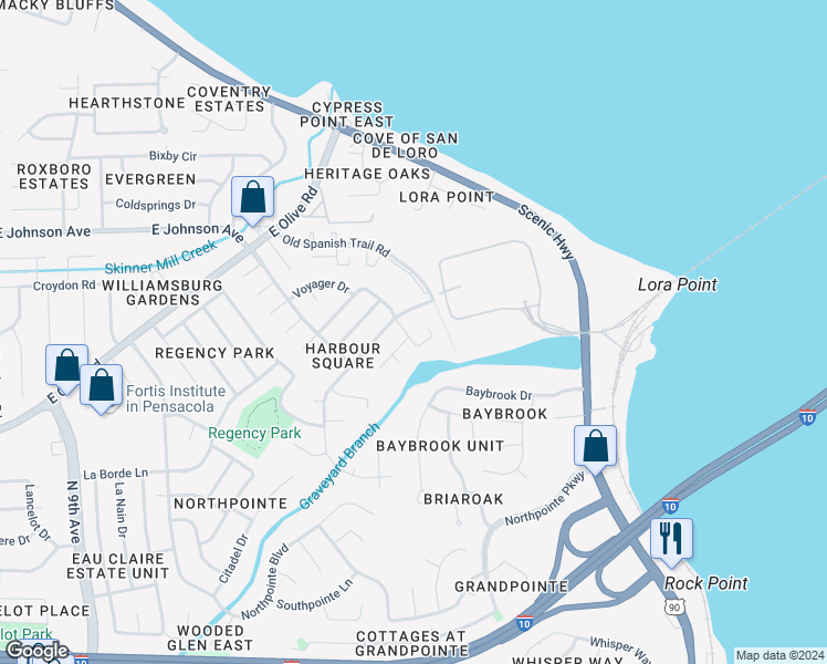 map of restaurants, bars, coffee shops, grocery stores, and more near 4969 Yacht Harbor Drive in Pensacola