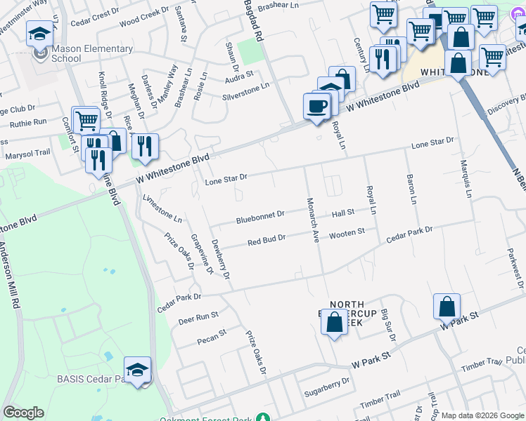 map of restaurants, bars, coffee shops, grocery stores, and more near 1102 Bluebonnet Drive in Cedar Park