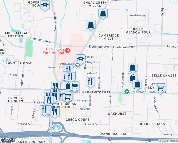 map of restaurants, bars, coffee shops, grocery stores, and more near 2270 Fairburn Street in Pensacola