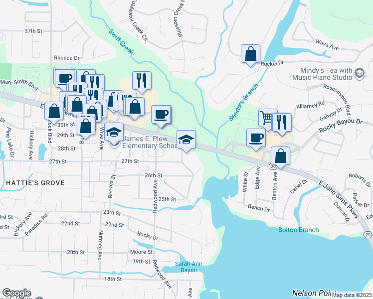 map of restaurants, bars, coffee shops, grocery stores, and more near 1405 John Sims Parkway in Niceville
