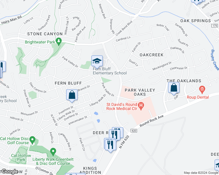 map of restaurants, bars, coffee shops, grocery stores, and more near 17751 Park Valley Drive in Round Rock