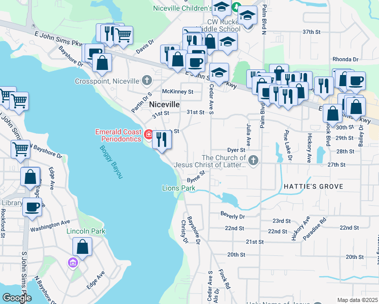 map of restaurants, bars, coffee shops, grocery stores, and more near 716 27th Street in Niceville