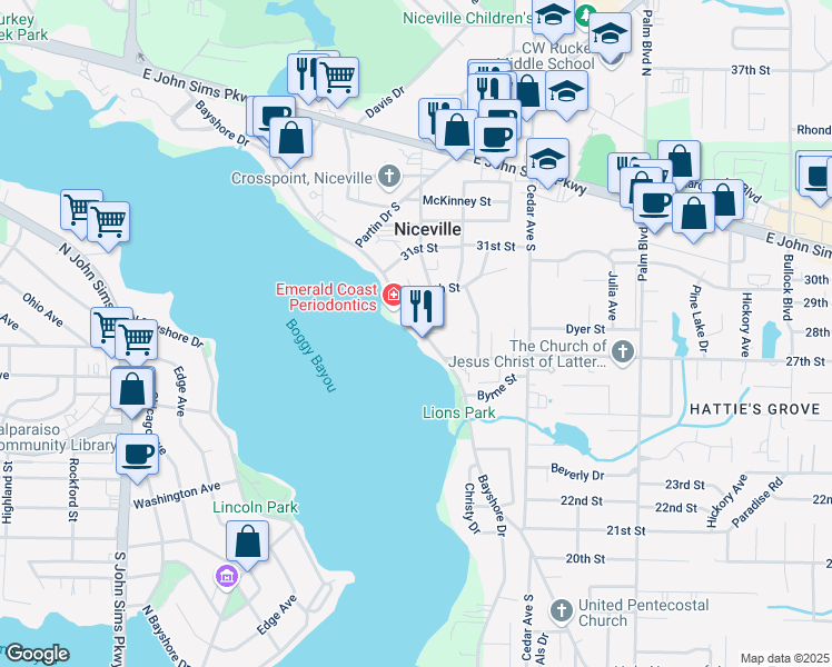 map of restaurants, bars, coffee shops, grocery stores, and more near 821 Bayshore Drive in Niceville