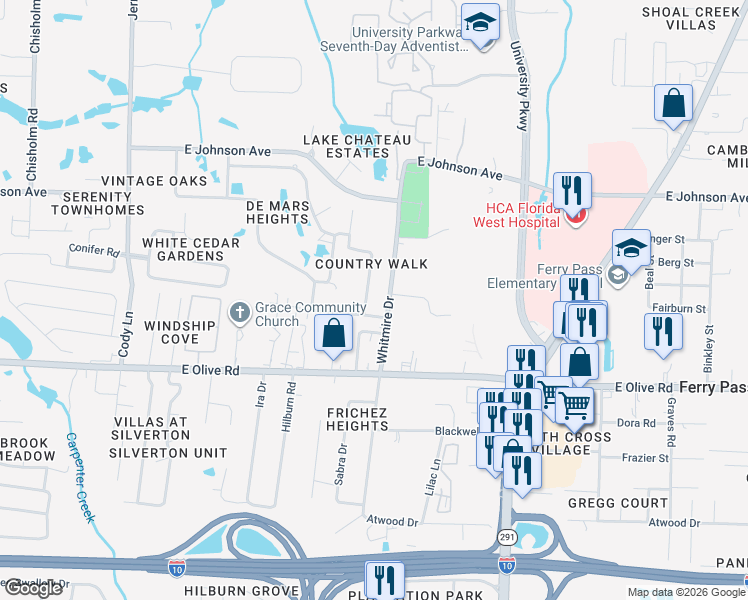 map of restaurants, bars, coffee shops, grocery stores, and more near 8230-8262 Whitmire Drive in Pensacola