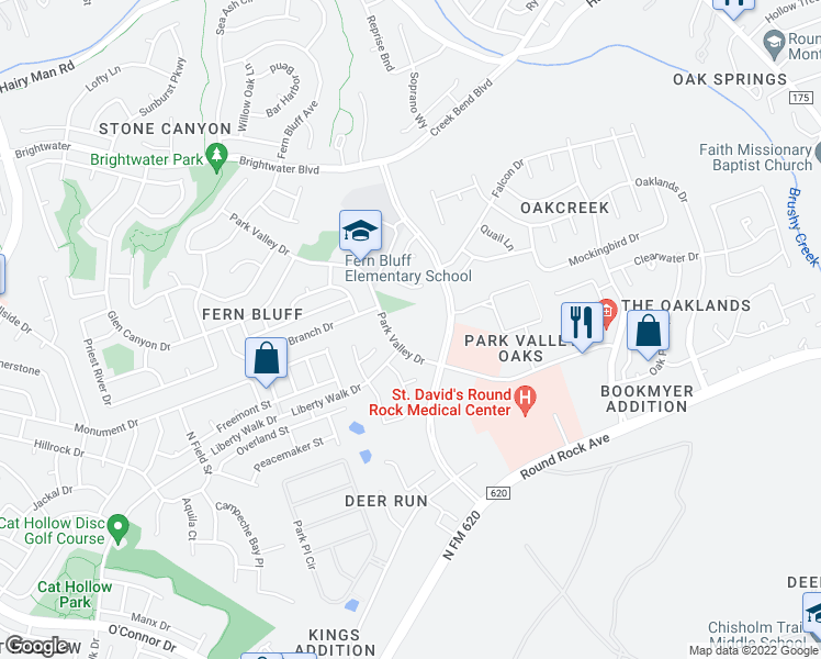 map of restaurants, bars, coffee shops, grocery stores, and more near 17751 Park Valley Drive in Round Rock