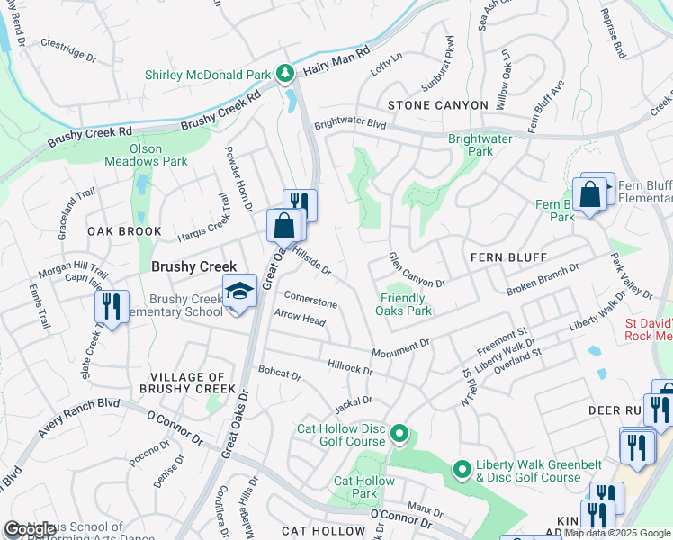 map of restaurants, bars, coffee shops, grocery stores, and more near 602 Rollingway Drive in Round Rock