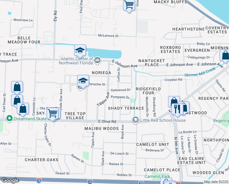 map of restaurants, bars, coffee shops, grocery stores, and more near 3575 Gatewood Drive in Pensacola