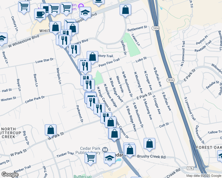 map of restaurants, bars, coffee shops, grocery stores, and more near 213 Glacier Drive in Cedar Park