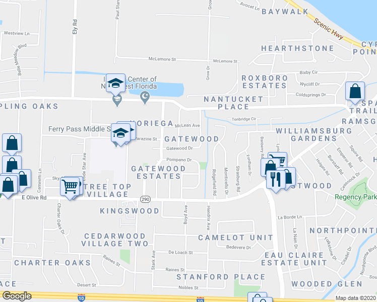 map of restaurants, bars, coffee shops, grocery stores, and more near 3635 Gatewood Drive in Pensacola