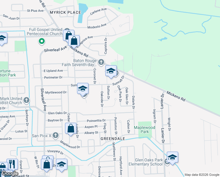 map of restaurants, bars, coffee shops, grocery stores, and more near 6878 Sutton Drive in Baton Rouge