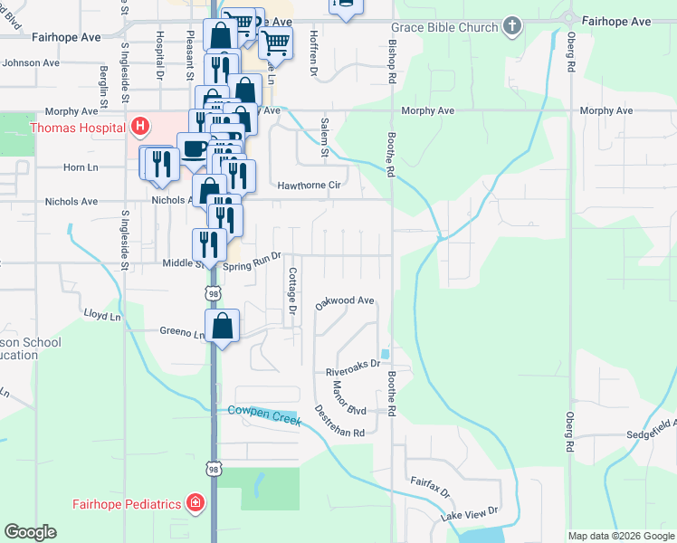 map of restaurants, bars, coffee shops, grocery stores, and more near 408 Belle Chase Court South in Fairhope