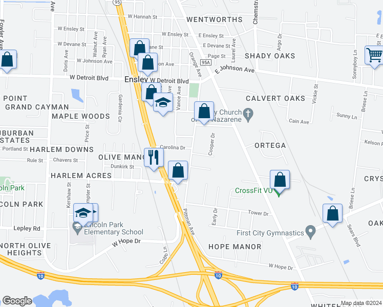map of restaurants, bars, coffee shops, grocery stores, and more near 299 Carolina Drive in Pensacola