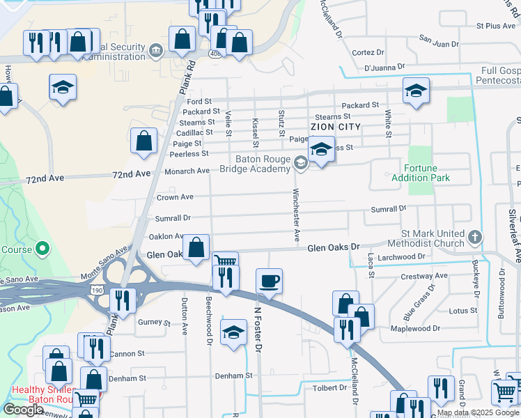 map of restaurants, bars, coffee shops, grocery stores, and more near 4954 Sumrall Drive in Baton Rouge