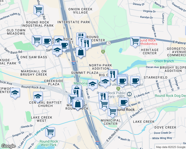 map of restaurants, bars, coffee shops, grocery stores, and more near 309 Vista Avenue in Round Rock