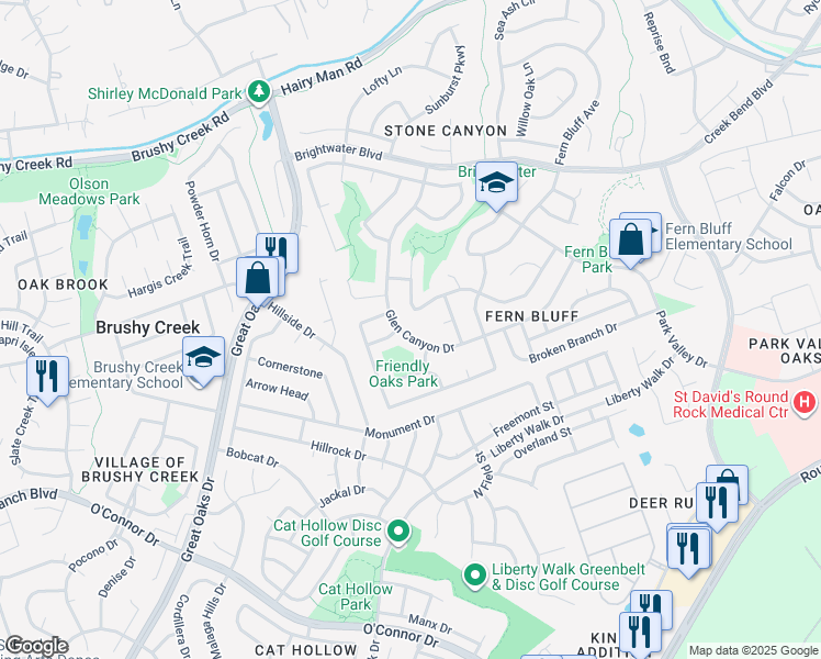 map of restaurants, bars, coffee shops, grocery stores, and more near 8505 Glen Canyon Drive in Round Rock
