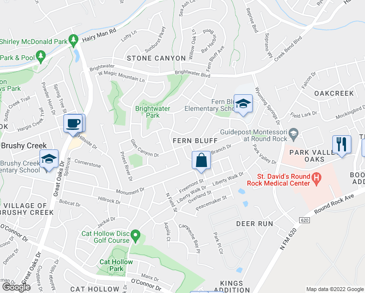 map of restaurants, bars, coffee shops, grocery stores, and more near Glen Canyon Drive in Round Rock