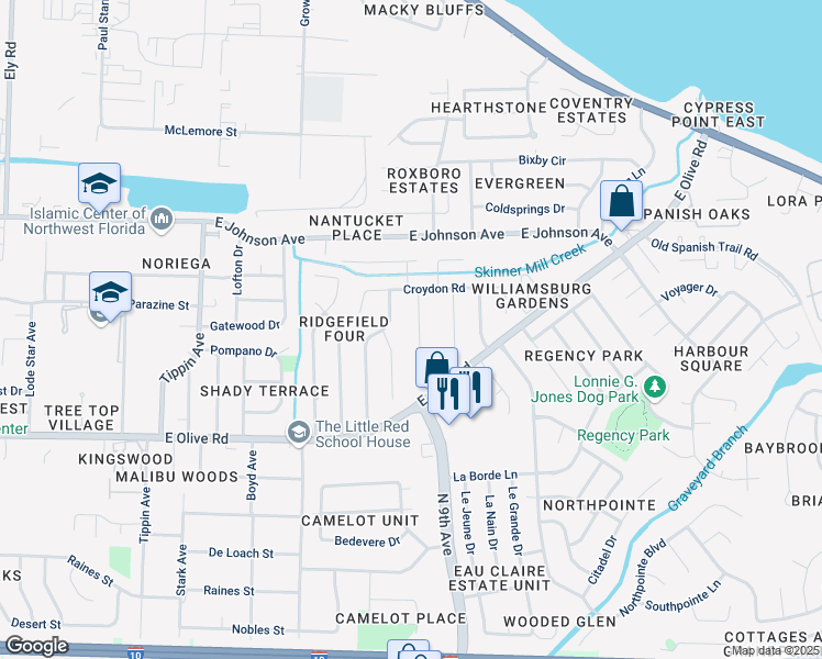 map of restaurants, bars, coffee shops, grocery stores, and more near 8235 Banberry Road in Pensacola