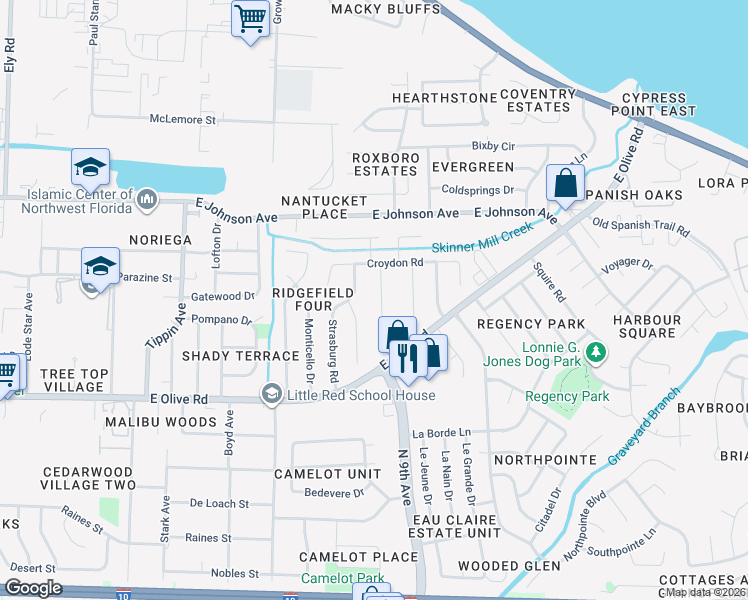 map of restaurants, bars, coffee shops, grocery stores, and more near 8235 Banberry Road in Pensacola