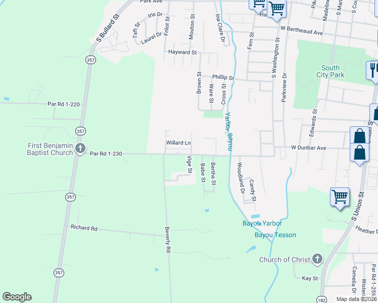 map of restaurants, bars, coffee shops, grocery stores, and more near Vige Street in Opelousas