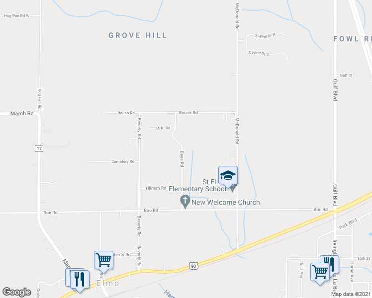 map of restaurants, bars, coffee shops, grocery stores, and more near 8505 Dees Road in Irvington