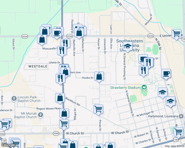 map of restaurants, bars, coffee shops, grocery stores, and more near 1204 Hooks Drive in Hammond