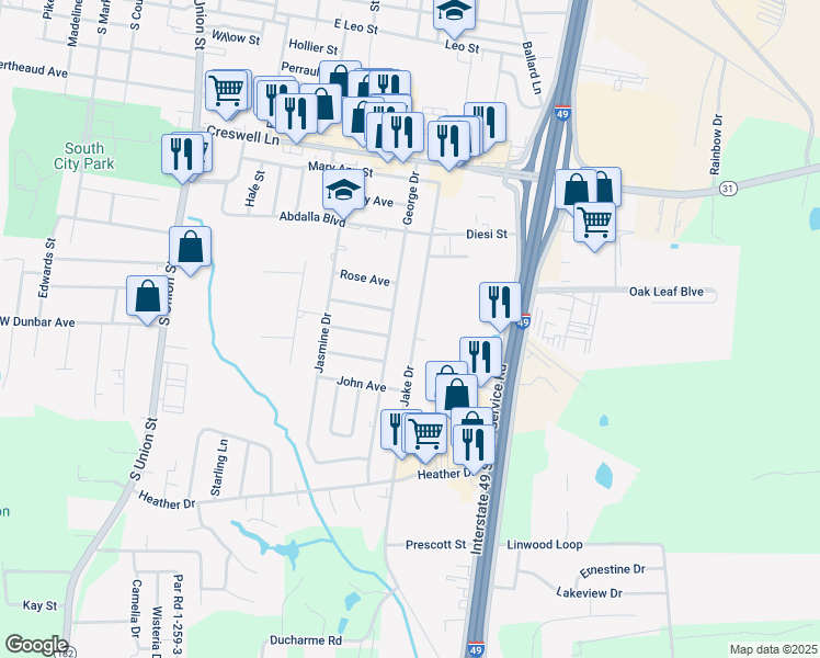map of restaurants, bars, coffee shops, grocery stores, and more near 1816 Jake Drive in Opelousas
