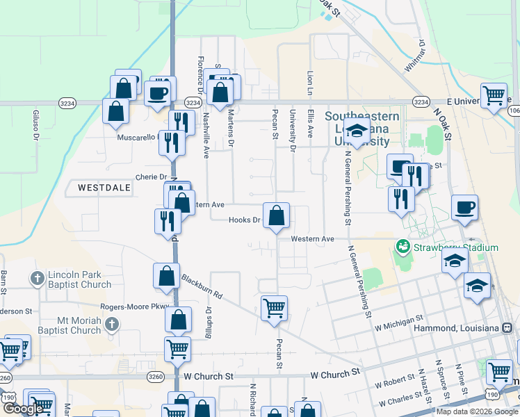 map of restaurants, bars, coffee shops, grocery stores, and more near 1204 Hooks Drive in Hammond