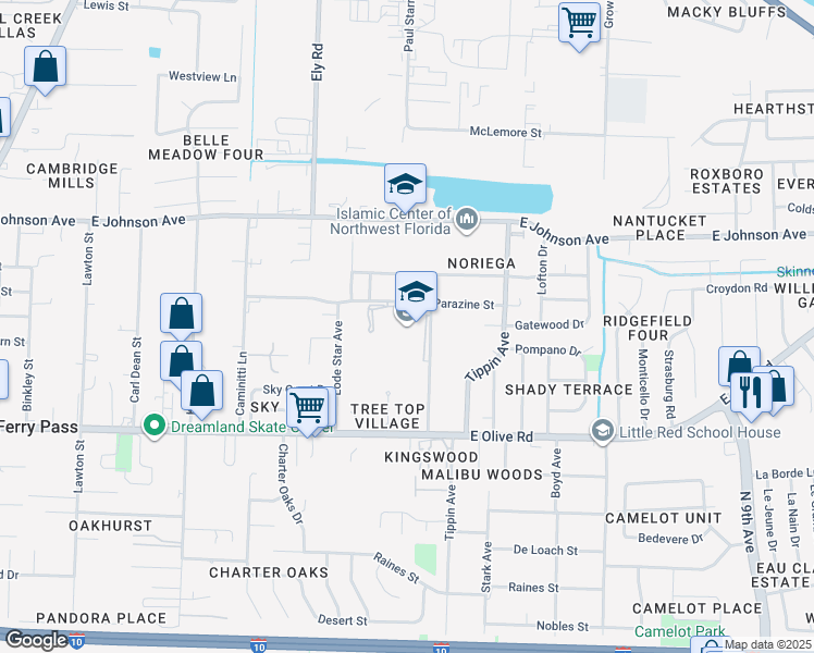 map of restaurants, bars, coffee shops, grocery stores, and more near 8355 Yancey Lane in Pensacola