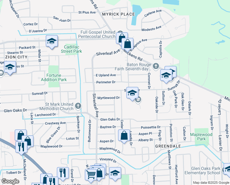 map of restaurants, bars, coffee shops, grocery stores, and more near 6757 Myrtlewood Drive in Baton Rouge