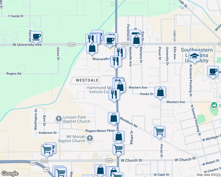 map of restaurants, bars, coffee shops, grocery stores, and more near 1301 North Morrison Boulevard in Hammond