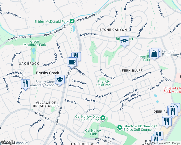 map of restaurants, bars, coffee shops, grocery stores, and more near 602 Rollingway Drive in Round Rock