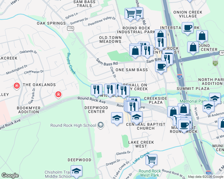 map of restaurants, bars, coffee shops, grocery stores, and more near 1405 Ledbetter Street in Round Rock