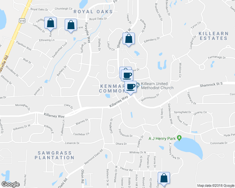 map of restaurants, bars, coffee shops, grocery stores, and more near 3562 Killarney Plaza Drive in Tallahassee