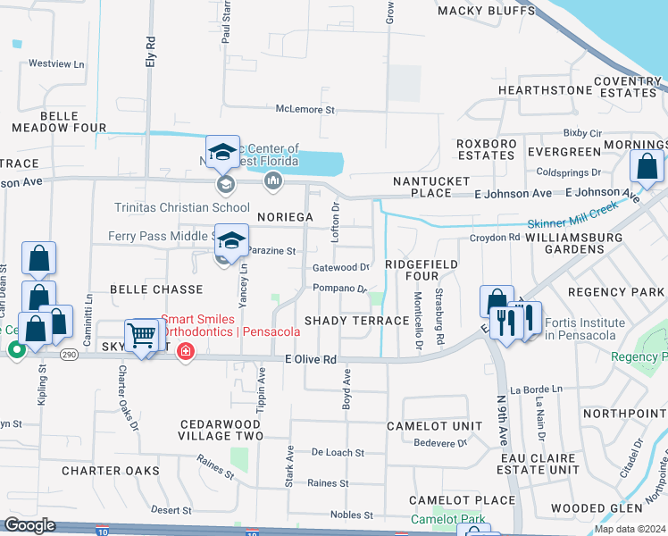 map of restaurants, bars, coffee shops, grocery stores, and more near 8301 Lofton Drive in Pensacola
