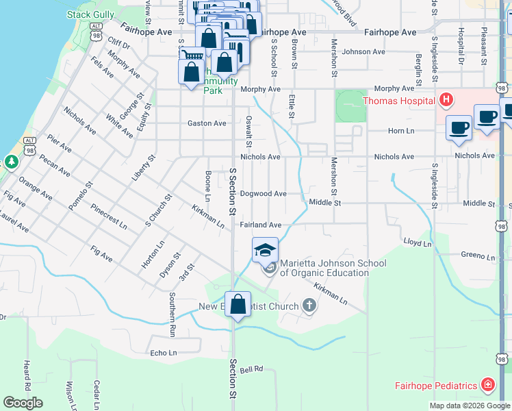 map of restaurants, bars, coffee shops, grocery stores, and more near 413-415 Azalea Street in Fairhope
