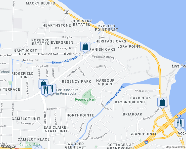 map of restaurants, bars, coffee shops, grocery stores, and more near 4580 Sailboat Lane in Pensacola