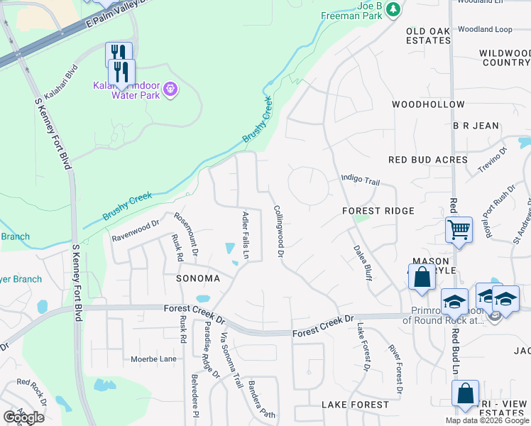 map of restaurants, bars, coffee shops, grocery stores, and more near 2716 Collingwood Drive in Round Rock