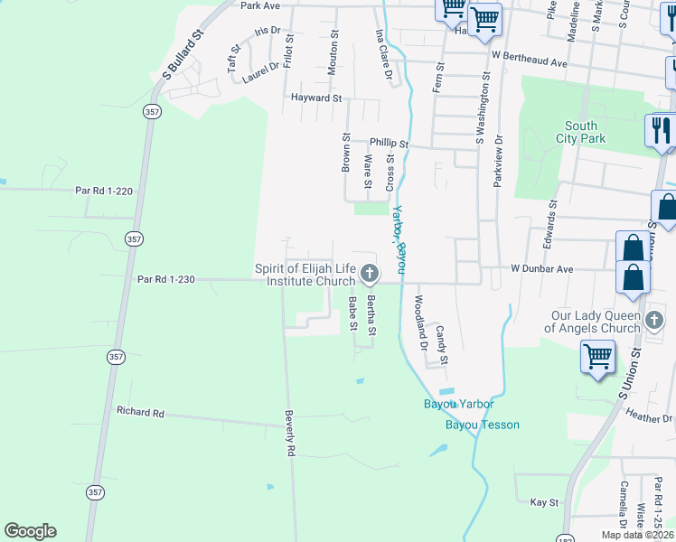 map of restaurants, bars, coffee shops, grocery stores, and more near Vige Street in Opelousas