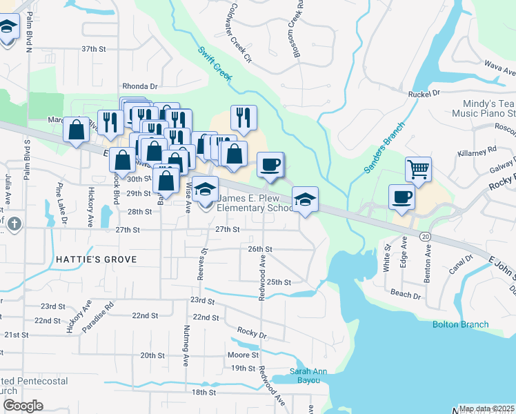 map of restaurants, bars, coffee shops, grocery stores, and more near 102 Matt Boulevard in Niceville