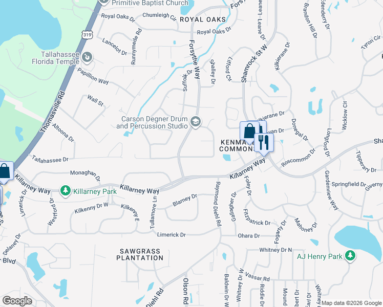 map of restaurants, bars, coffee shops, grocery stores, and more near 2288 Hampshire Way in Tallahassee