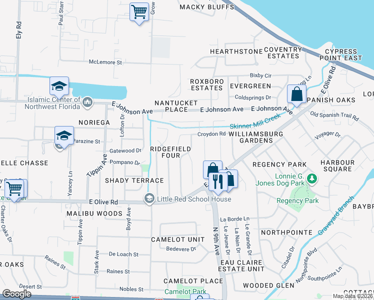map of restaurants, bars, coffee shops, grocery stores, and more near 8290 Strasburg Road in Pensacola
