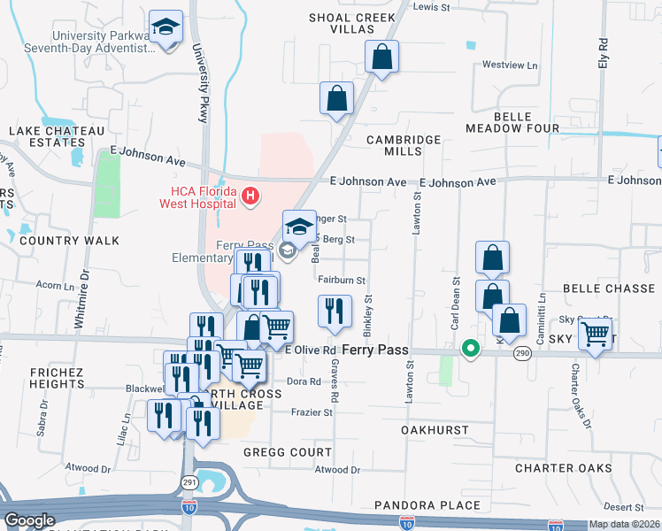 map of restaurants, bars, coffee shops, grocery stores, and more near 2270 Fairburn Street in Pensacola