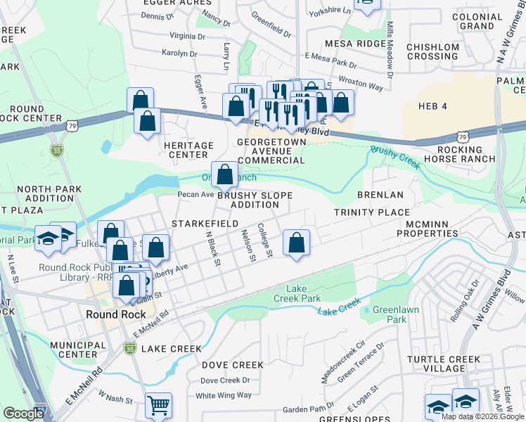 map of restaurants, bars, coffee shops, grocery stores, and more near 1003 East Austin Avenue in Round Rock