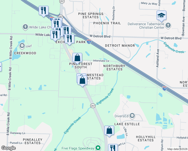 map of restaurants, bars, coffee shops, grocery stores, and more near 7915 Stallworth Lane in Pensacola