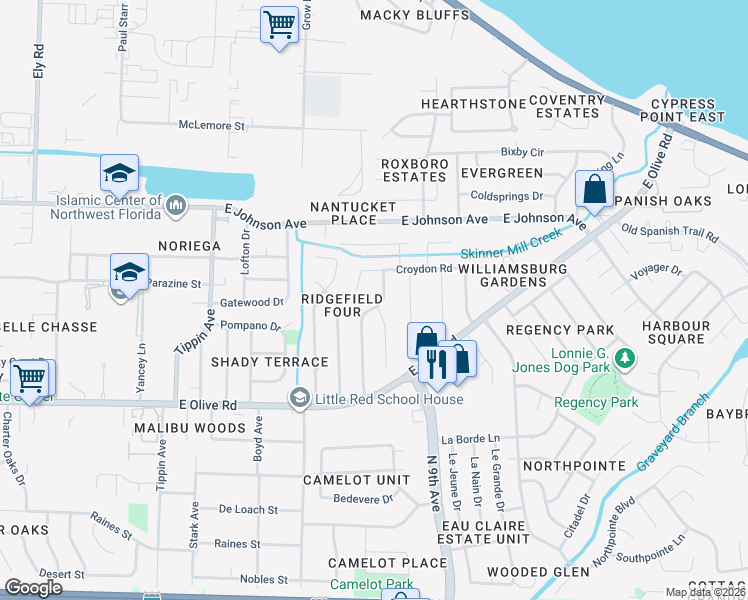 map of restaurants, bars, coffee shops, grocery stores, and more near 8290 Strasburg Road in Pensacola