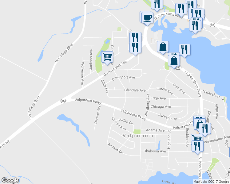 map of restaurants, bars, coffee shops, grocery stores, and more near 407 Glendale Avenue in Valparaiso