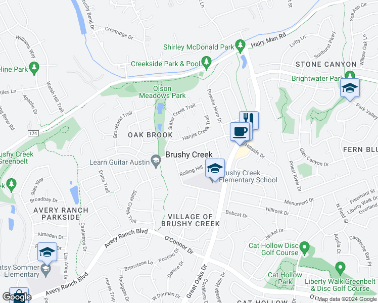 map of restaurants, bars, coffee shops, grocery stores, and more near 4003 Hillside Drive in Round Rock